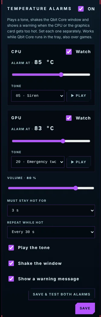 Temperature alarm settings with separate CPU and GPU limits and tones