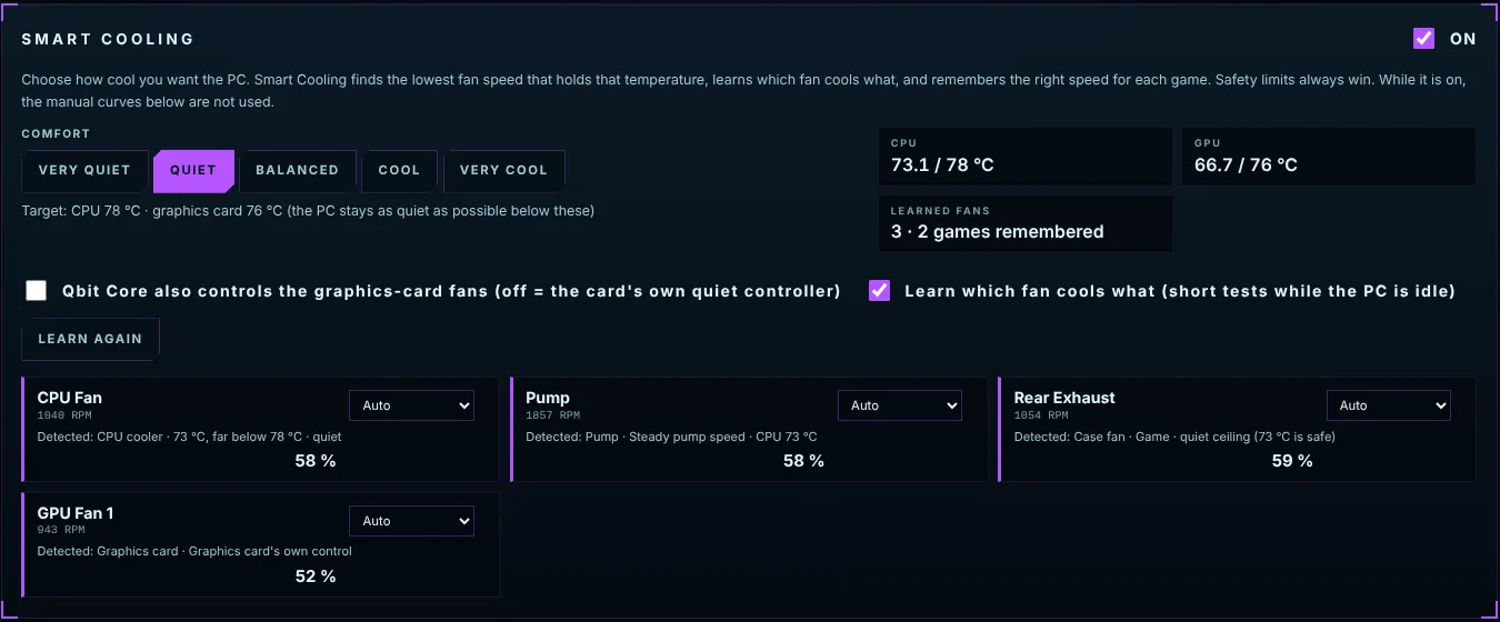Smart Cooling panel with comfort levels, live targets and the role of every fan