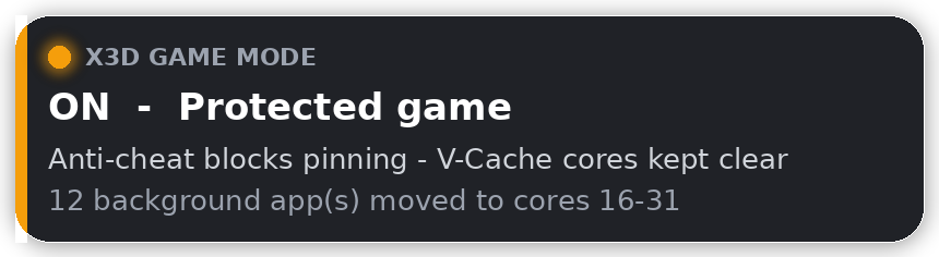Orange card: anti-cheat blocks pinning, V-Cache cores kept clear